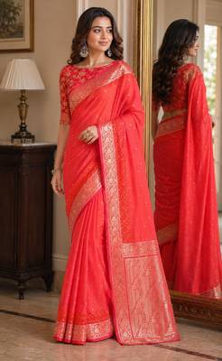 Orange soft silk blend banarasi jacuard work festive saree with unstitched blouse piece 4