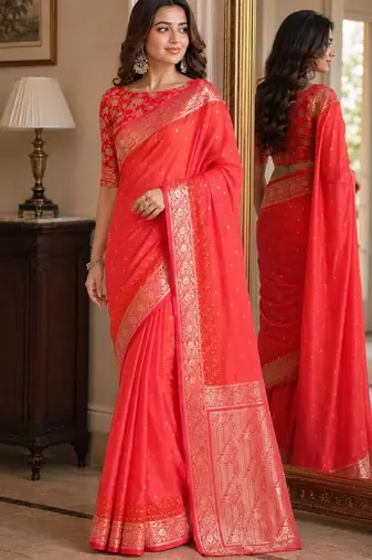 Orange soft silk blend banarasi jacuard work festive saree with unstitched blouse piece