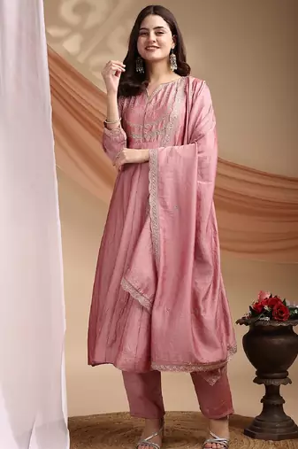 Pink embroidered vichitra silk kurta pant dupatta set