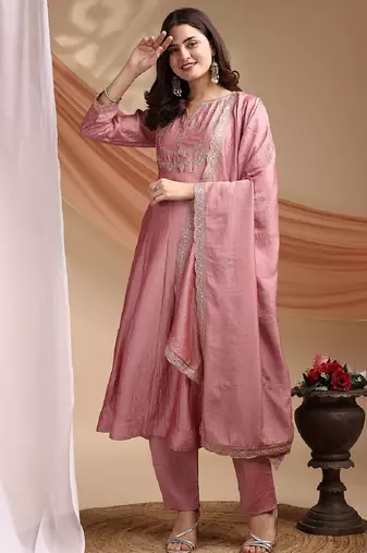 Pink embroidered vichitra silk kurta pant dupatta set