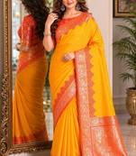 Yellow soft silk blend banarasi jacuard work festive saree with unstitched blouse piece