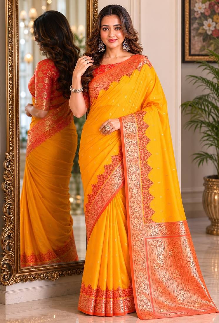 Yellow soft silk blend banarasi jacuard work festive saree with unstitched blouse piece