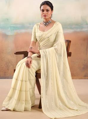 Cream color smart floral embroidered chiffon fabric graceful rich looks saree 3