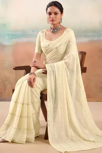 Cream color smart floral embroidered chiffon fabric graceful rich looks saree