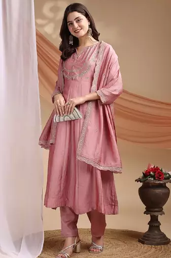 Pink embroidered vichitra silk kurta pant dupatta set