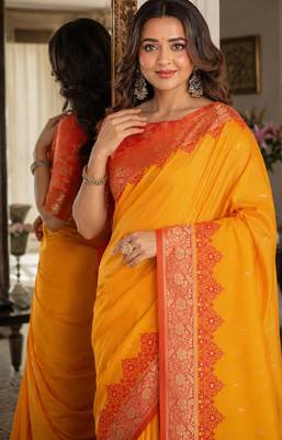 Yellow soft silk blend banarasi jacuard work festive saree with unstitched blouse piece 2