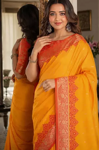 Yellow soft silk blend banarasi jacuard work festive saree with unstitched blouse piece
