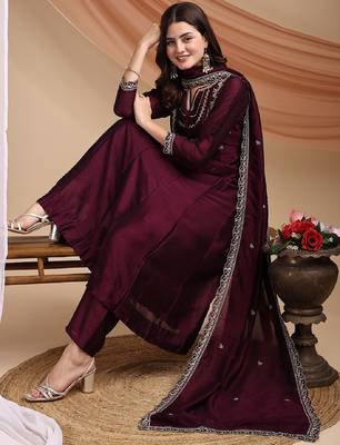 Wine embroidered vichitra silk kurta pant dupatta set 1