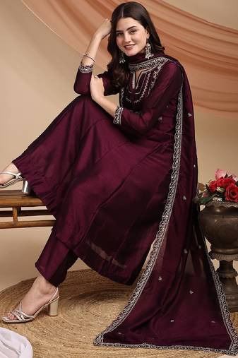 Wine embroidered vichitra silk kurta pant dupatta set