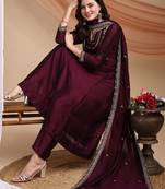 Wine embroidered vichitra silk kurta pant dupatta set