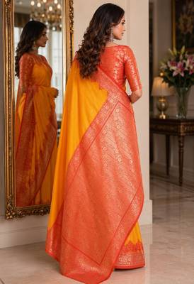 Yellow soft silk blend banarasi jacuard work festive saree with unstitched blouse piece 3