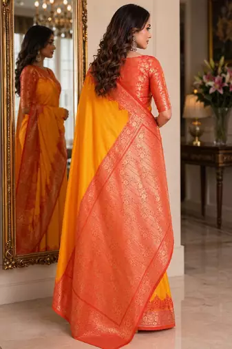 Yellow soft silk blend banarasi jacuard work festive saree with unstitched blouse piece