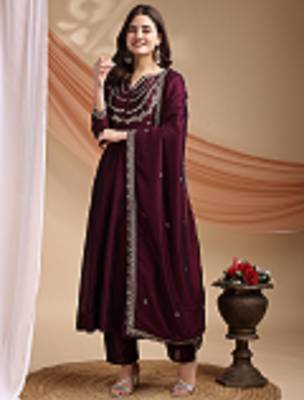 Wine embroidered vichitra silk kurta pant dupatta set 2
