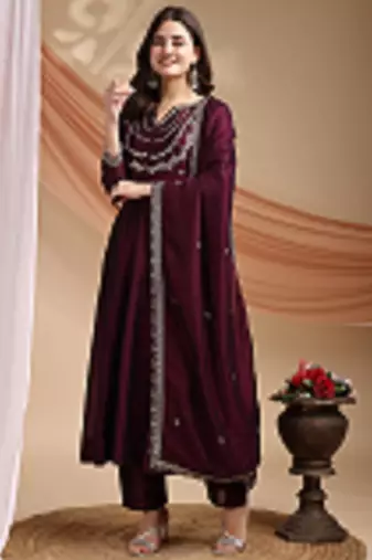Wine embroidered vichitra silk kurta pant dupatta set