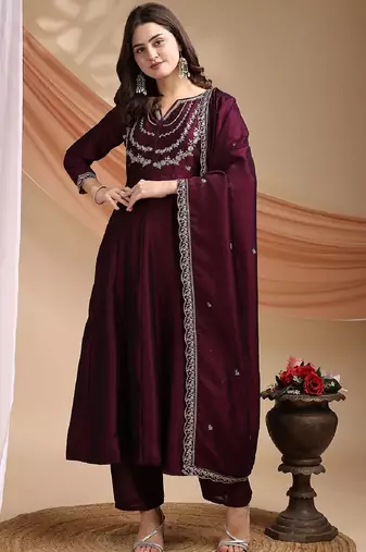 Wine embroidered vichitra silk kurta pant dupatta set