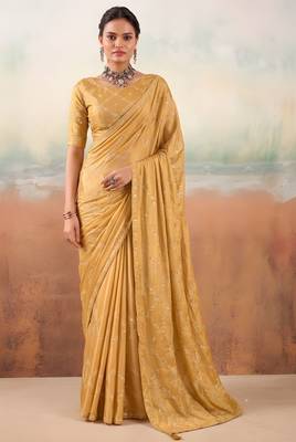 Gold color smart floral embroidered chiffon fabric graceful rich looks saree 1