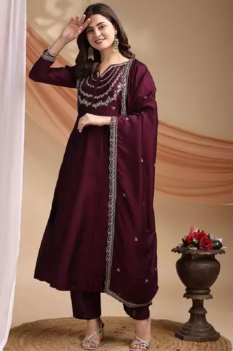 Wine embroidered vichitra silk kurta pant dupatta set