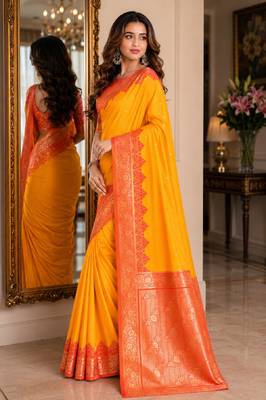 Yellow soft silk blend banarasi jacuard work festive saree with unstitched blouse piece 4
