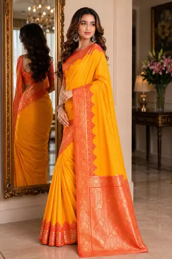 Yellow soft silk blend banarasi jacuard work festive saree with unstitched blouse piece