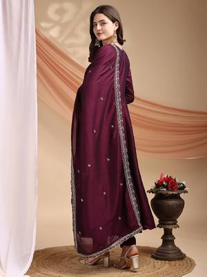 Wine embroidered vichitra silk kurta pant dupatta set 5