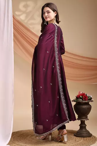 Wine embroidered vichitra silk kurta pant dupatta set