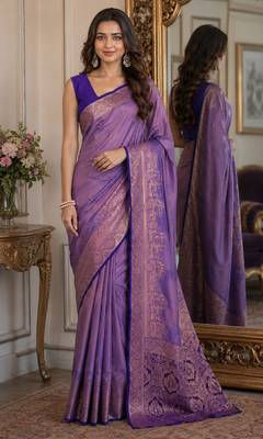 Lavender soft silk blend banarasi jacuard work festive saree with unstitched blouse piece 1