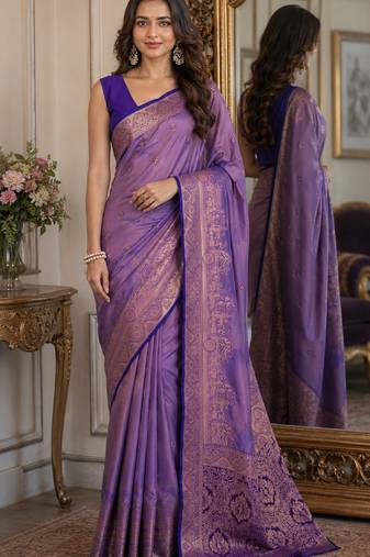 Lavender soft silk blend banarasi jacuard work festive saree with unstitched blouse piece