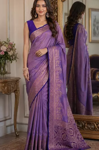 Lavender soft silk blend banarasi jacuard work festive saree with unstitched blouse piece
