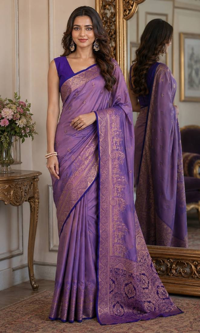 Lavender soft silk blend banarasi jacuard work festive saree with unstitched blouse piece