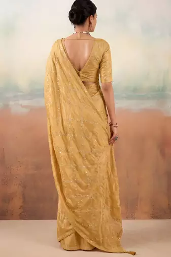 Gold color smart floral embroidered chiffon fabric graceful rich looks saree