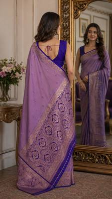 Lavender soft silk blend banarasi jacuard work festive saree with unstitched blouse piece 3