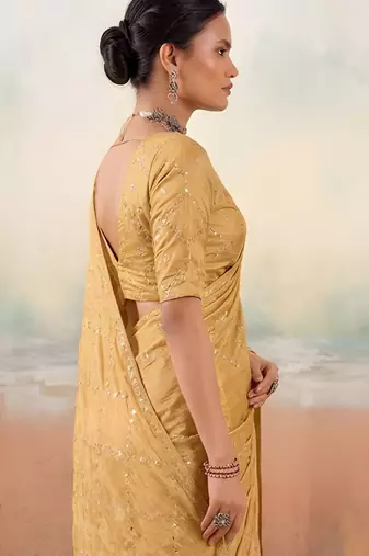 Gold color smart floral embroidered chiffon fabric graceful rich looks saree