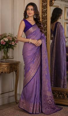 Lavender soft silk blend banarasi jacuard work festive saree with unstitched blouse piece 4