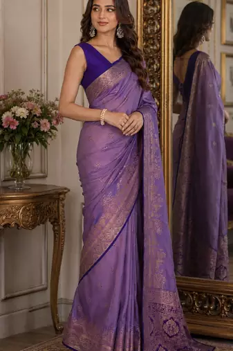 Lavender soft silk blend banarasi jacuard work festive saree with unstitched blouse piece