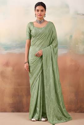 Green color smart floral embroidered chiffon fabric graceful rich looks saree 1
