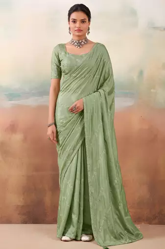 Green color smart floral embroidered chiffon fabric graceful rich looks saree