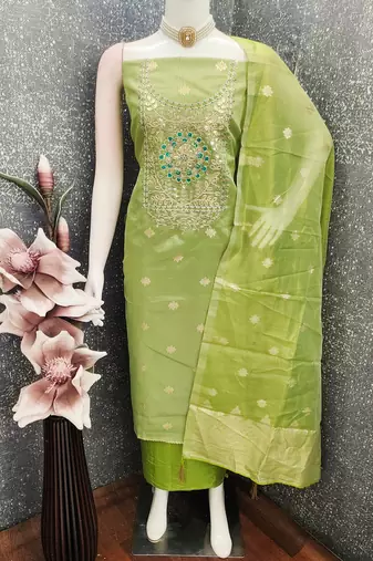  embroidered shimmer unstitched dress material with mirror work yoke