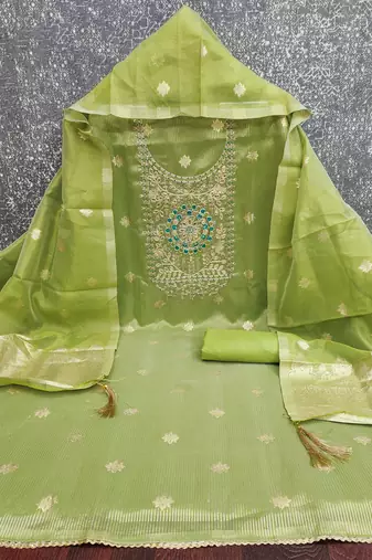  embroidered shimmer unstitched dress material with mirror work yoke