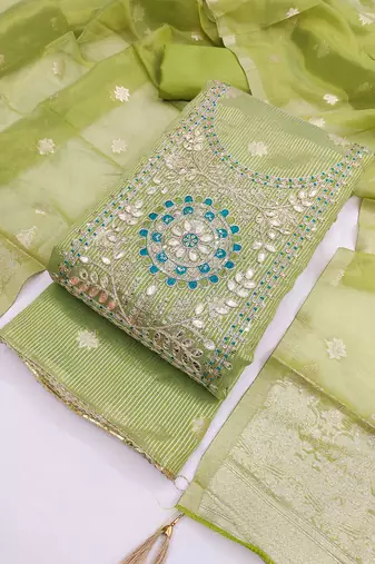  embroidered shimmer unstitched dress material with mirror work yoke