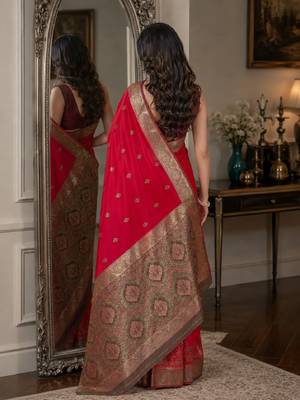 Pink soft silk blend banarasi jacuard work festive saree with unstitched blouse piece 3