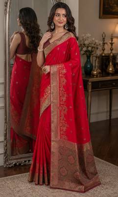 Pink soft silk blend banarasi jacuard work festive saree with unstitched blouse piece 4