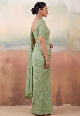 Green color smart floral embroidered chiffon fabric graceful rich looks saree 3