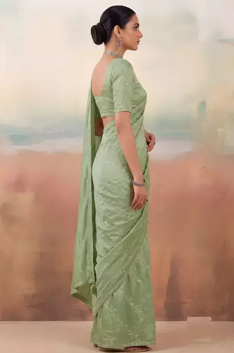 Green color smart floral embroidered chiffon fabric graceful rich looks saree