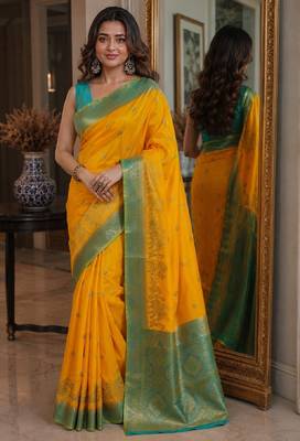 Yellow soft silk blend banarasi jacuard work festive saree with unstitched blouse piece 1