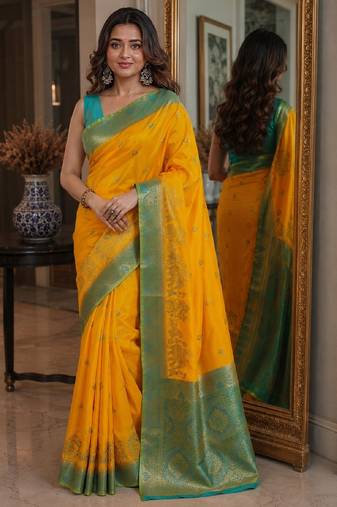 Yellow soft silk blend banarasi jacuard work festive saree with unstitched blouse piece