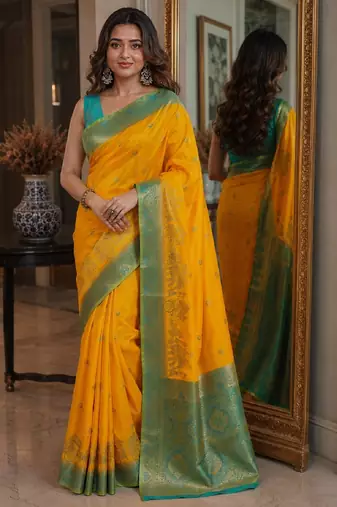 Yellow soft silk blend banarasi jacuard work festive saree with unstitched blouse piece