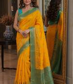 Yellow soft silk blend banarasi jacuard work festive saree with unstitched blouse piece