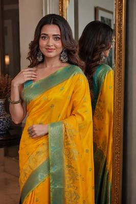Yellow soft silk blend banarasi jacuard work festive saree with unstitched blouse piece 2