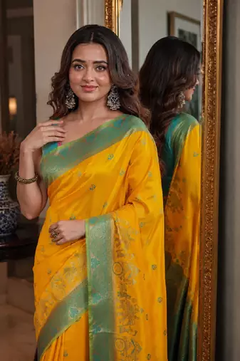 Yellow soft silk blend banarasi jacuard work festive saree with unstitched blouse piece