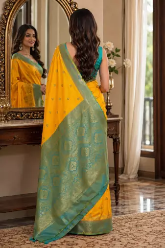 Yellow soft silk blend banarasi jacuard work festive saree with unstitched blouse piece